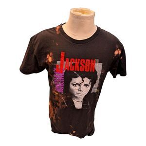 Michael Jackson tee with red “Jackson” text and grayscale portrait graphic.